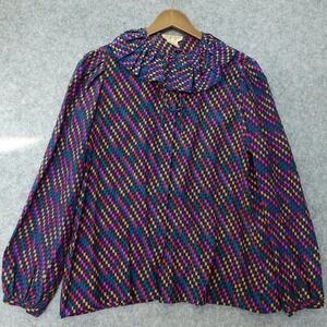 Vintage 1980s Secretary Silk Blouse SMALL 6 Navy Confetti MOD Art JACK MULQUEEN